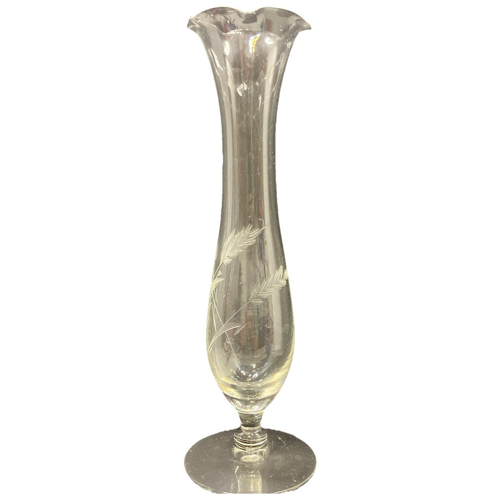 Vtg Princess House Heritage Etched 8.25" Crystal Bud Vase Wheat Stalk‎